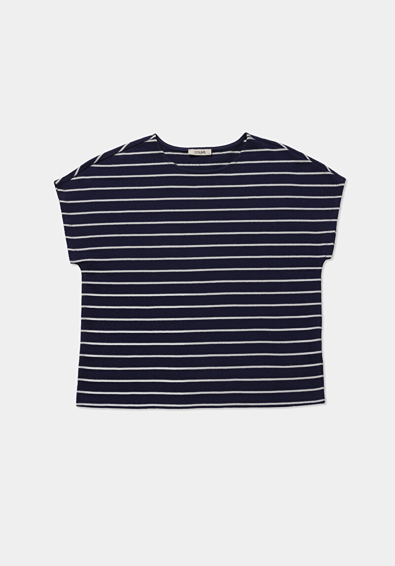 Regular Fit Yuvarlak Yaka Çizgili Kadın Lacivert Kısa Kol Tişört