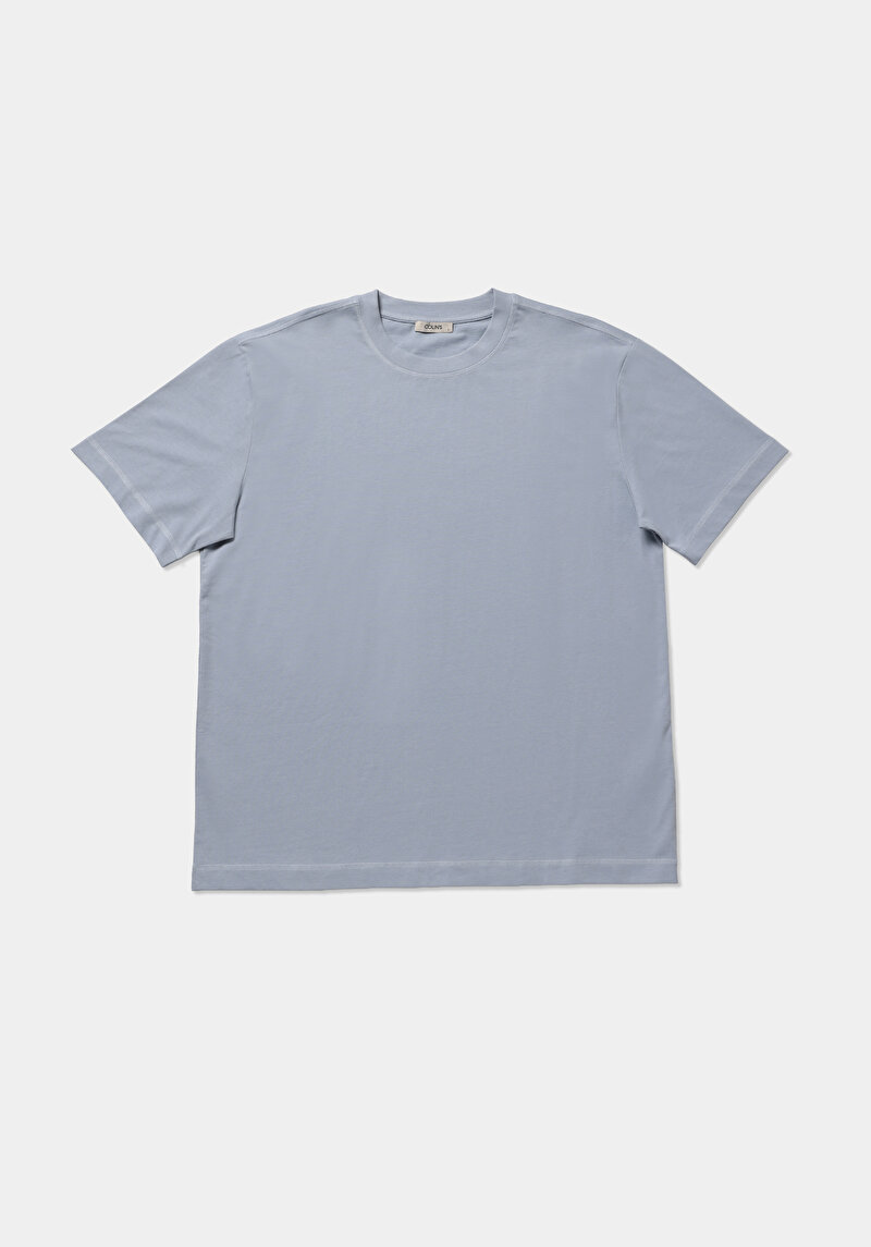 Comfort Fit Yuvarlak Yaka Düz Erkek Mavi Kısa Kol Tişört