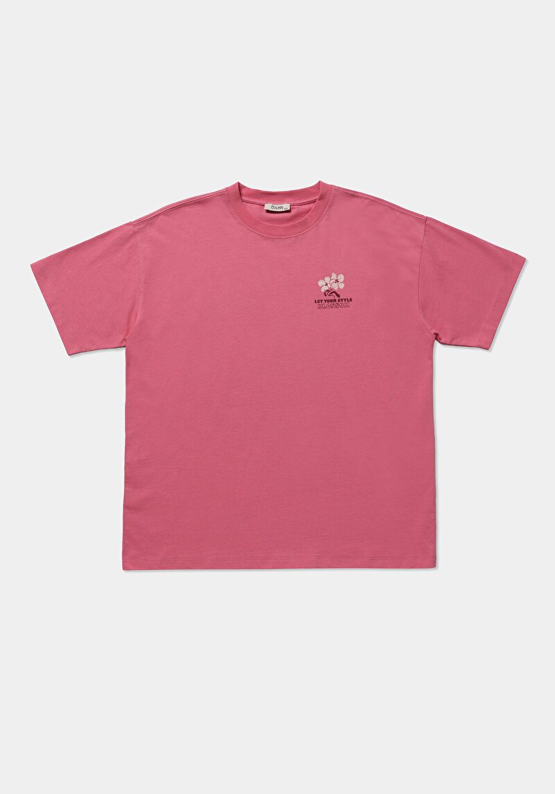 Relax Fit Yuvarlak Yaka Baskılı Kadın Pembe Kısa Kol Tişört