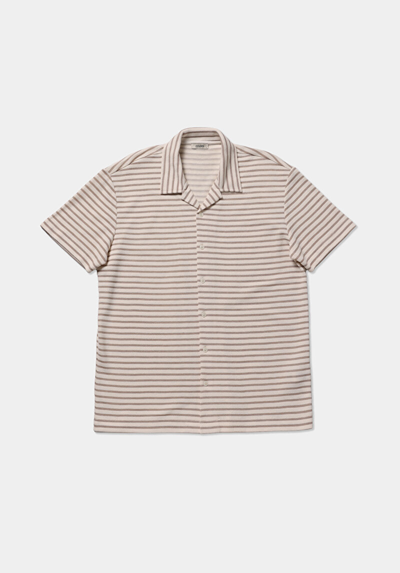 Comfort Fit Polo Yaka Çizgili Erkek Bej Kısa Kol Tişört