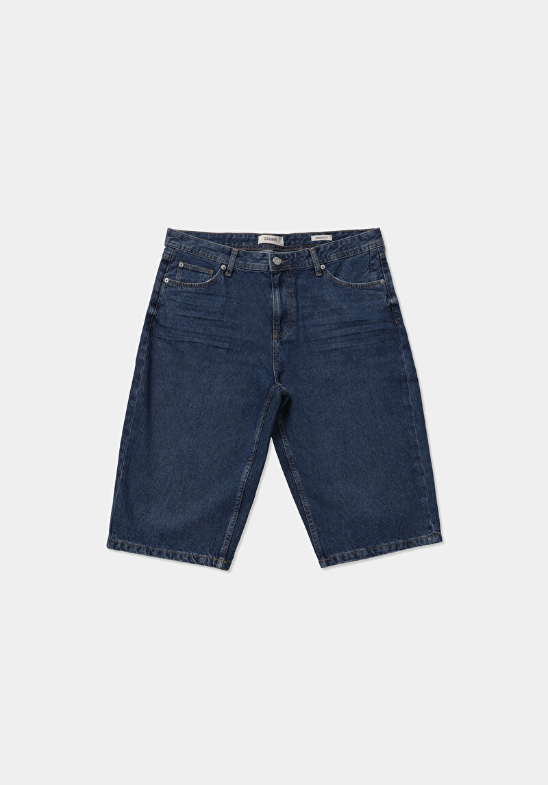 Straight Fit Orta Bel Düz Erkek Mid İndigo Denim Jean Şort