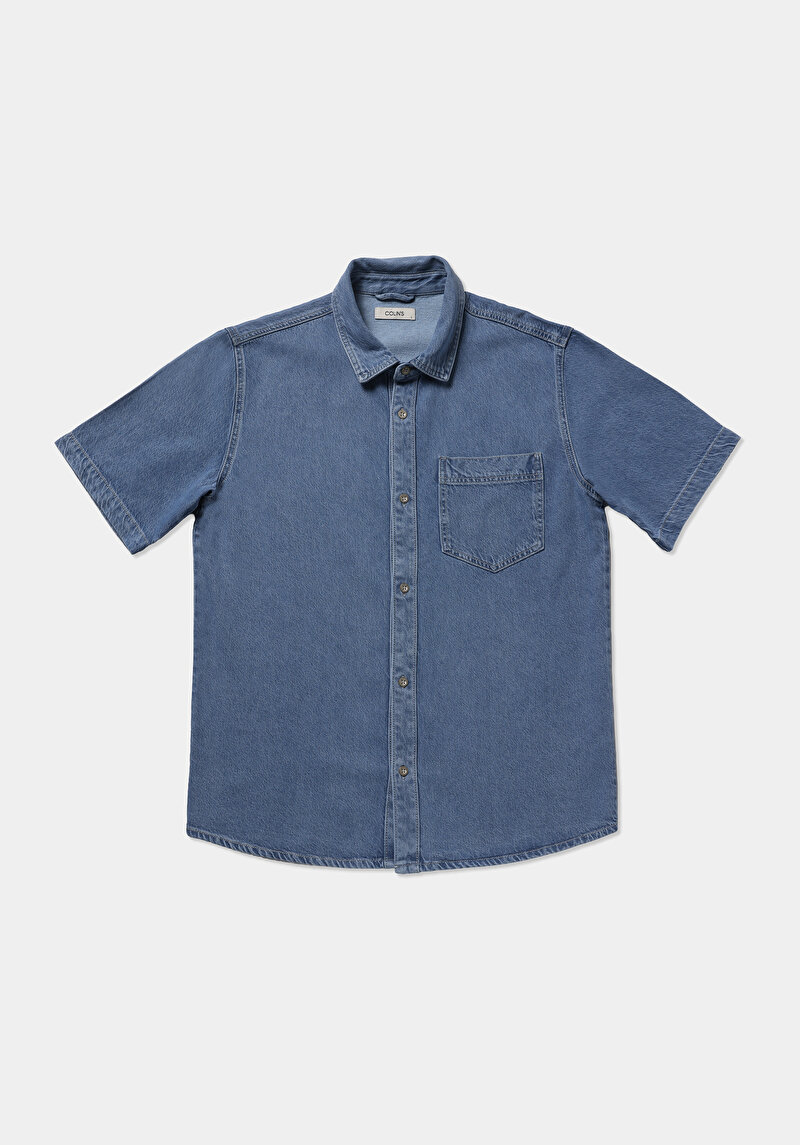 Regular Fit Klasik Yaka Düz Erkek Light İndigo Denim Kısa Kol Gömlek