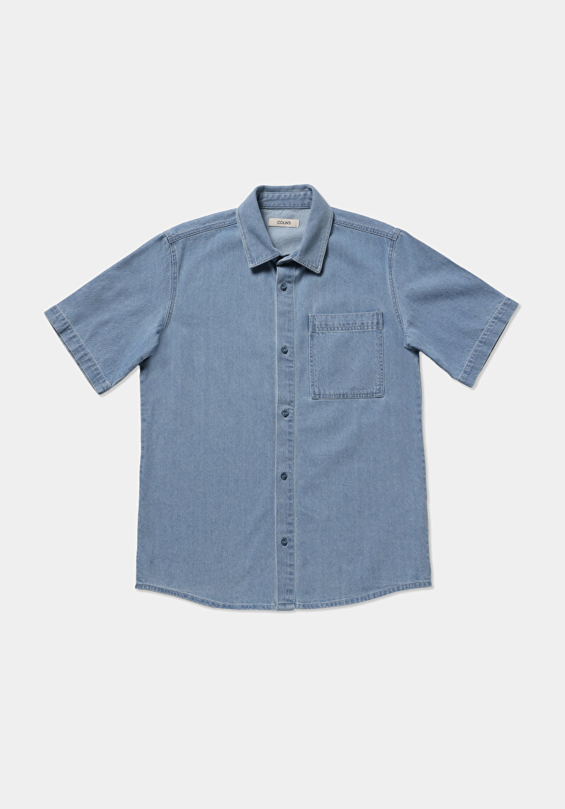 Regular Fit Klasik Yaka Düz Erkek Light İndigo Denim Kısa Kol Gömlek