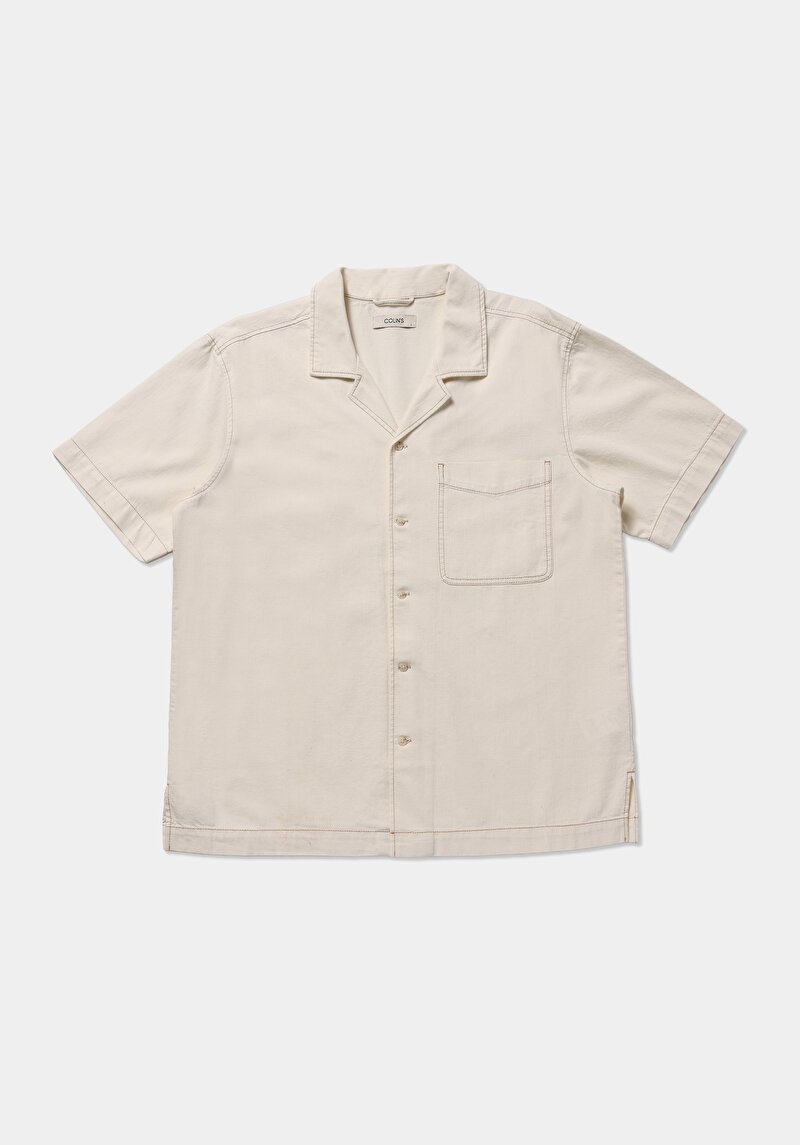 Oversize Fit Klasik Yaka Düz Erkek Ecru Denim Kısa Kol Gömlek