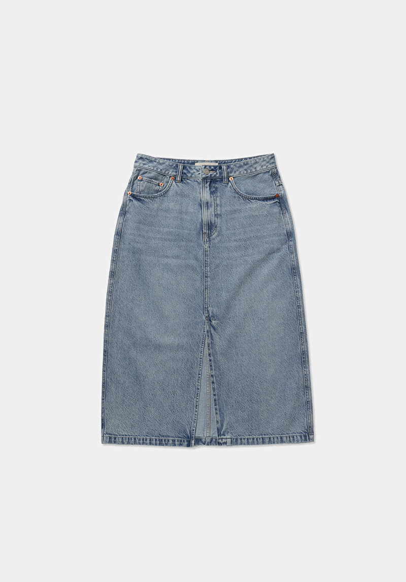 Regular Fit Düz Fermuarlı Kadın Light İndigo Denim Etek