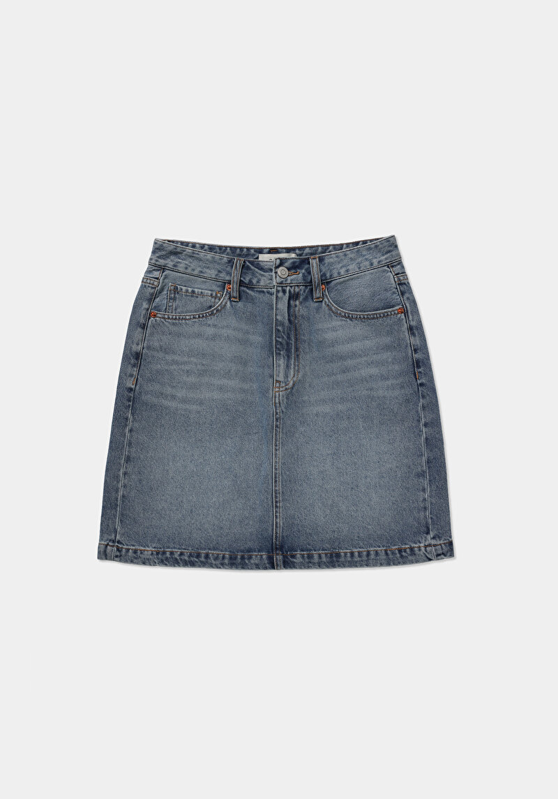 Slim Fit Düz Fermuarlı Kadın Light İndigo Denim Etek