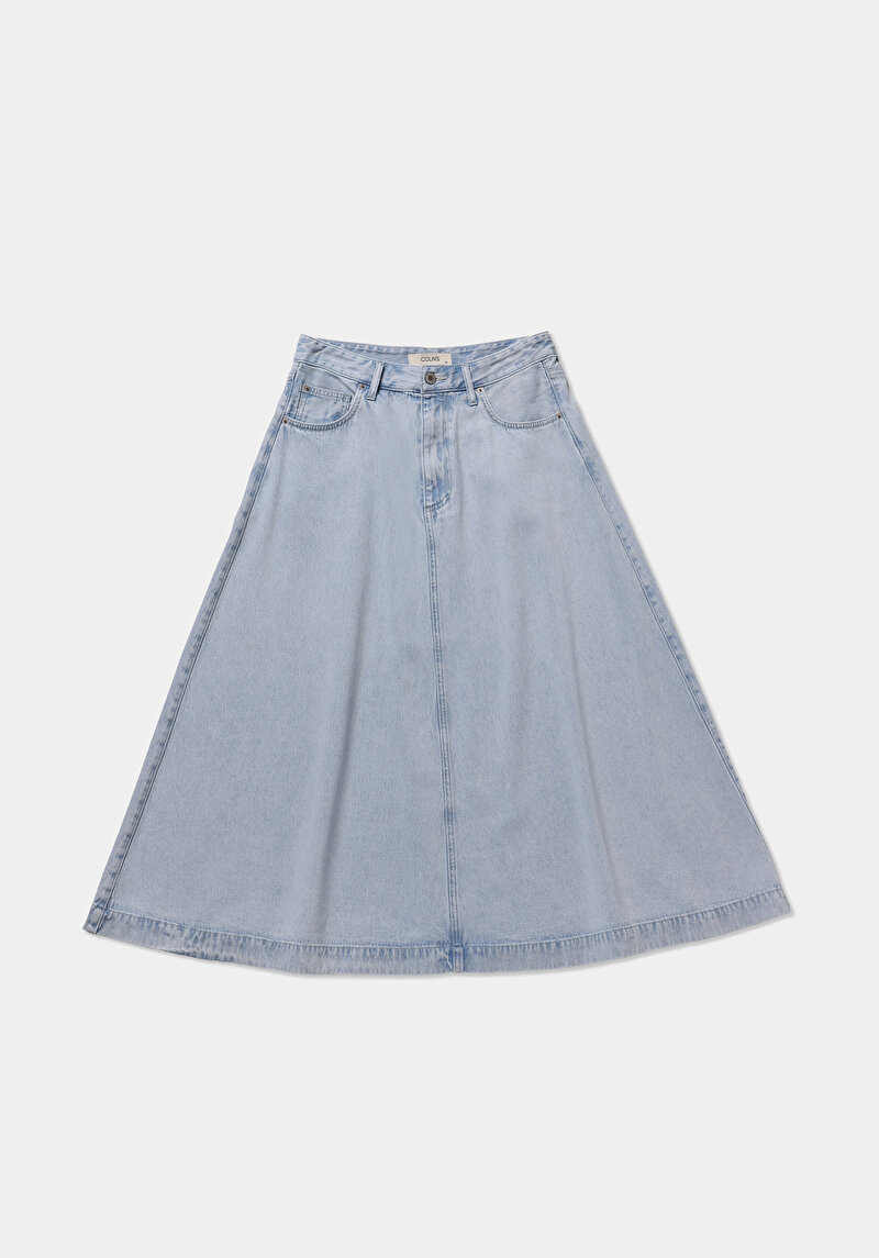 Regular Fit Düz Fermuarlı Kadın Bleach İndigo Denim Etek