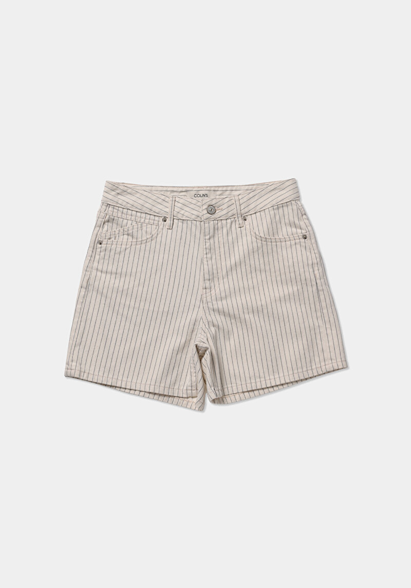 Mom Fit Yüksel Bel Düz Kadın Stripe Denim Jean Şort