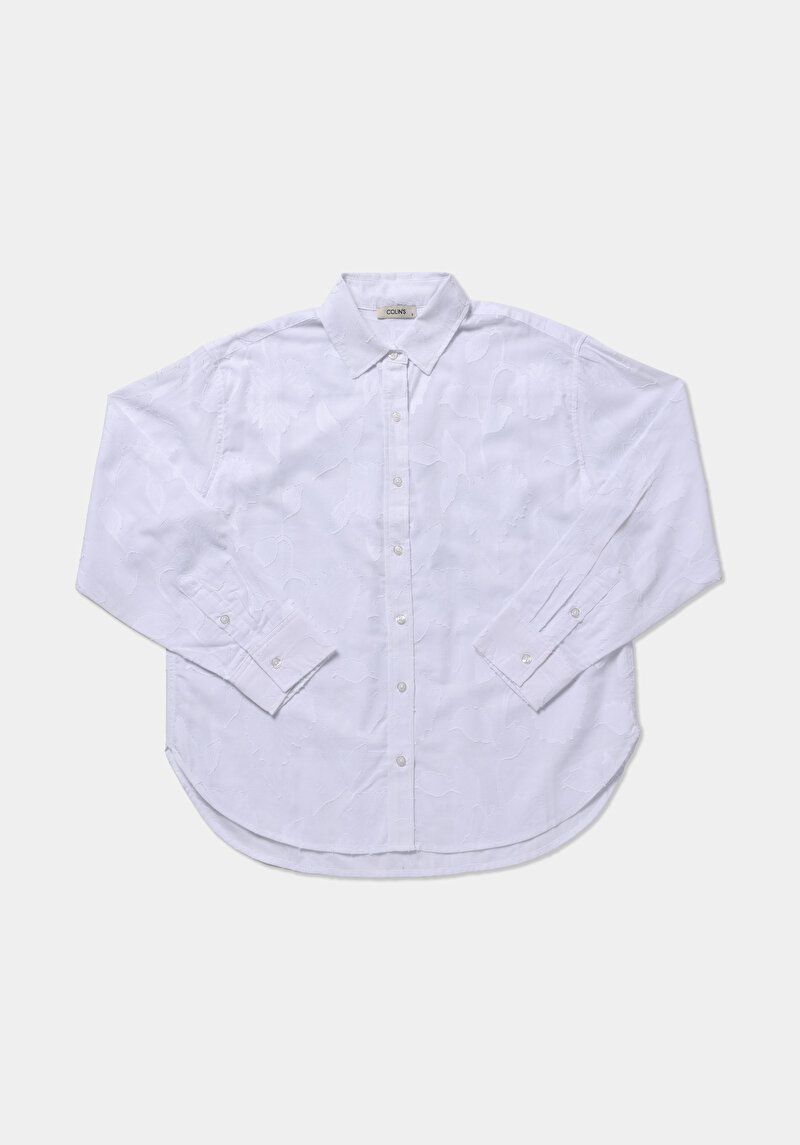 Boyfriend Fit Shirt Neck Jakarlı Kadın Beyaz Uzun Kol Gömlek