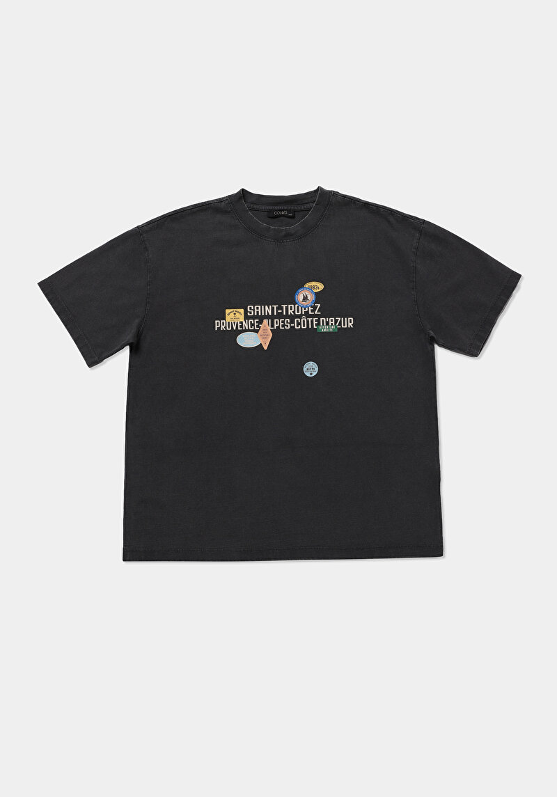 Oversize Fit Yuvarlak Yaka Düz Kadın Antrasit Kısa Kol Tişört