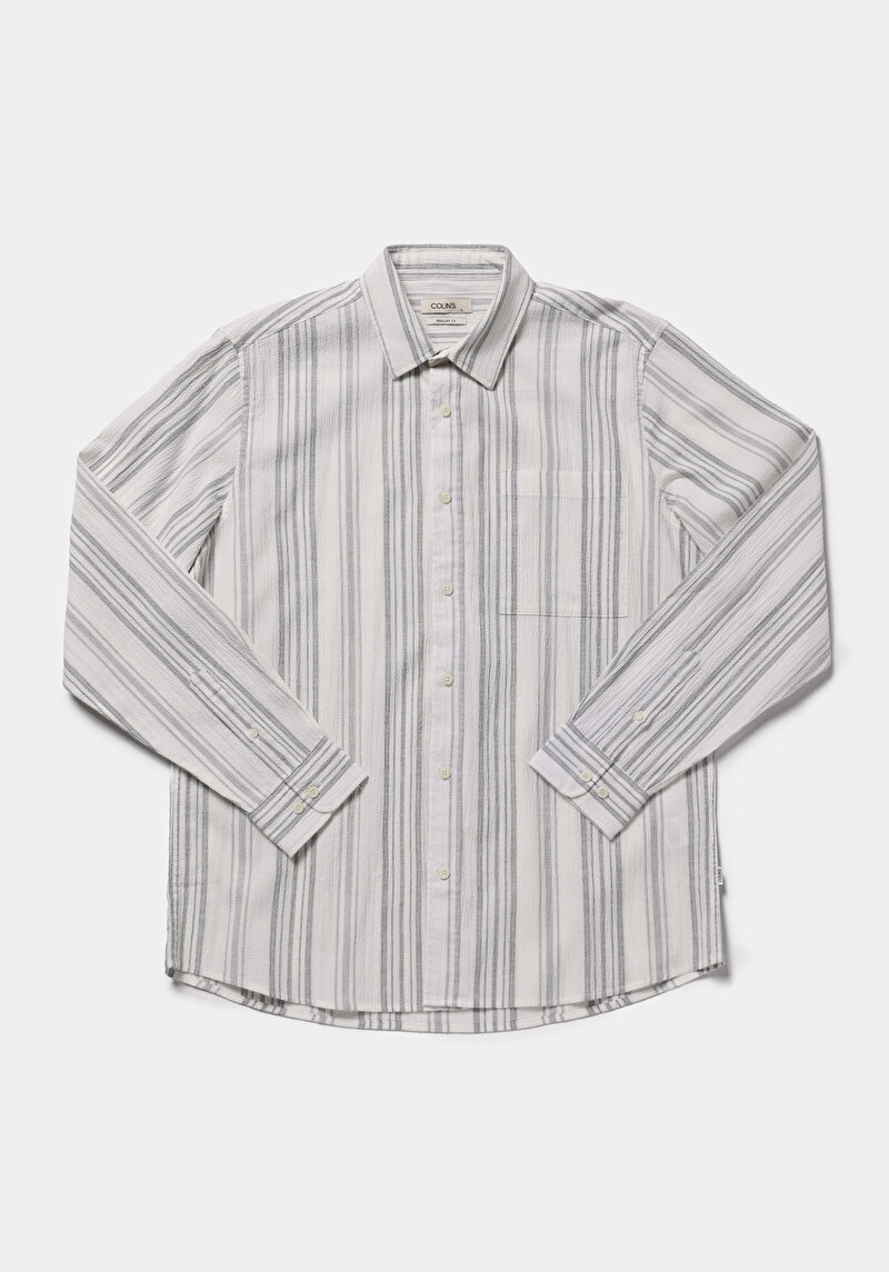 Regular Fit Shirt Neck Çizgili Erkek Antrasit Uzun Kol Gömlek