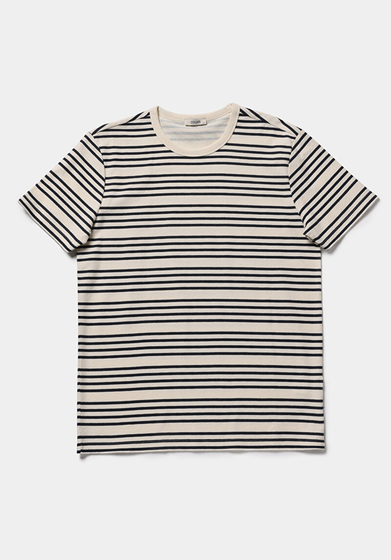 Regular Fit Yuvarlak Yaka Çizgili Erkek Lacivert Kısa Kol Tişört