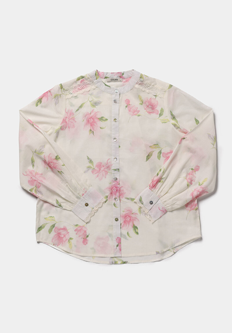 Fashion Fit Yuvarlak Yaka Metraj Baskılı Kadın Pembe Uzun Kol Gömlek