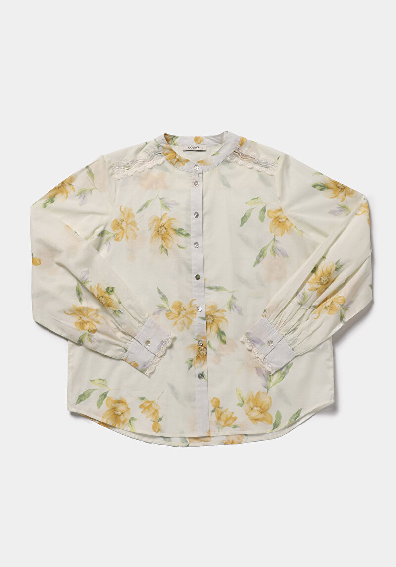 Fashion Fit Yuvarlak Yaka Metraj Baskılı Kadın Sari Uzun Kol Gömlek