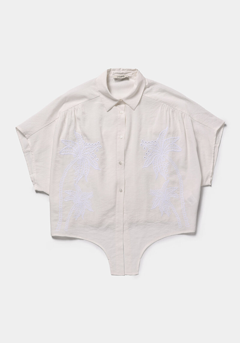 Fashion Fit Shirt Neck Jakarlı Kadın Beyaz Kısa Kol Gömlek