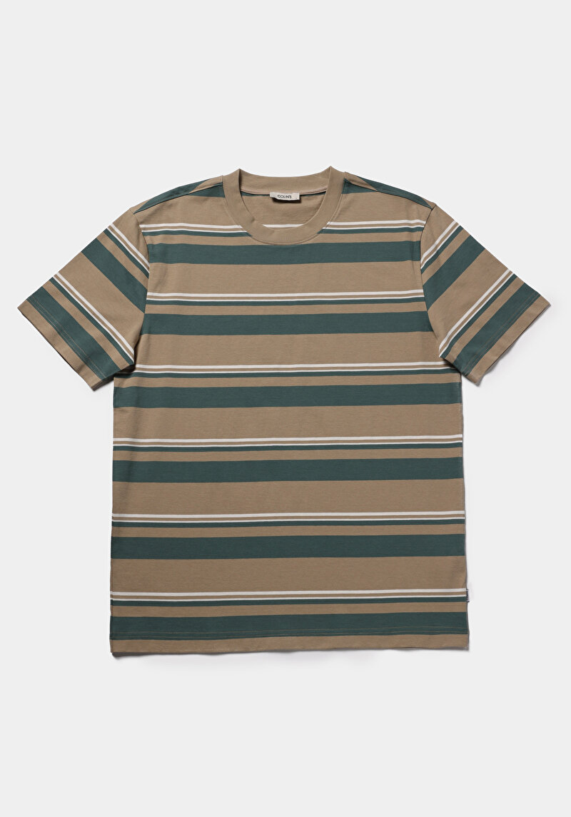 Comfort Fit Yuvarlak Yaka Çizgili Erkek Bej Kısa Kol Tişört