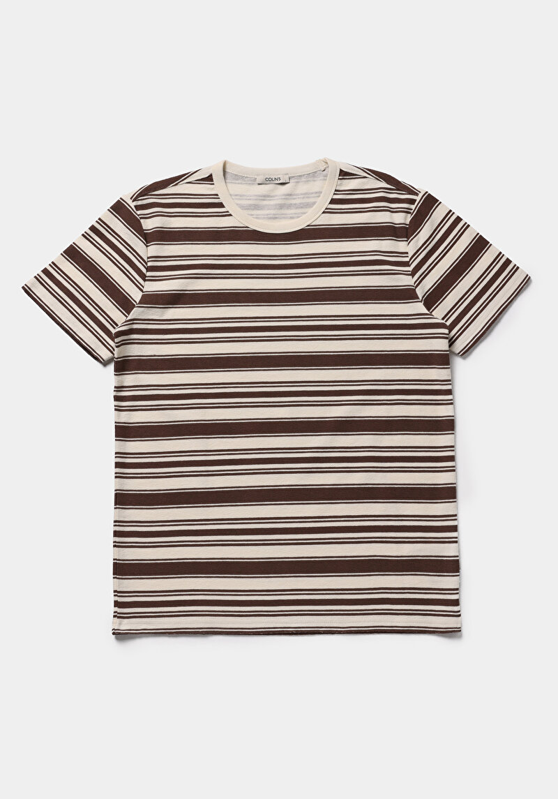 Regular Fit Yuvarlak Yaka Çizgili Erkek Kahverengi Kısa Kol Tişört