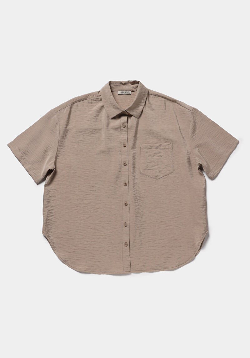 Fashion Fit Shirt Neck Düz Kadın Açik Kahverengi Kısa Kol Gömlek