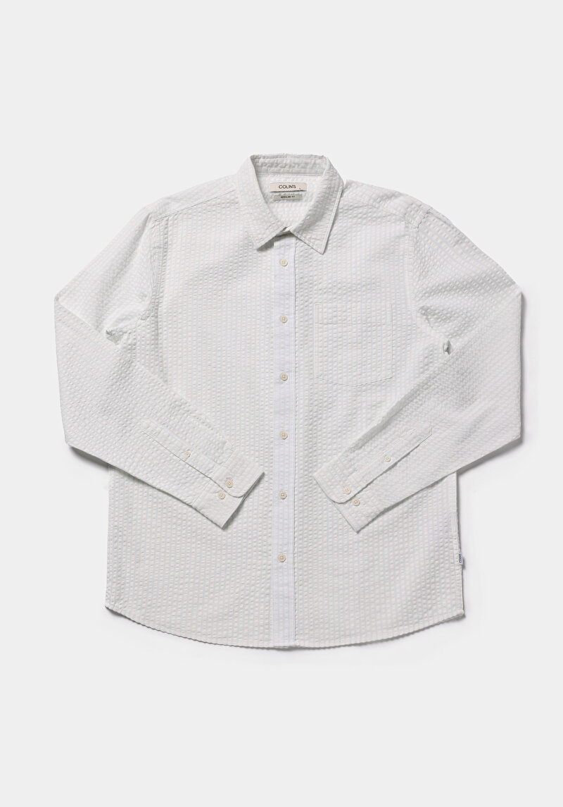 Regular Fit Shirt Neck Düz Erkek Beyaz Uzun Kol Gömlek