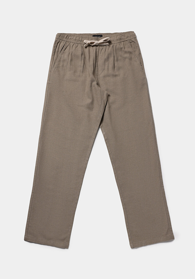 Regular Fit Orta Bel Düz Paça Erkek Bej  Pantolon