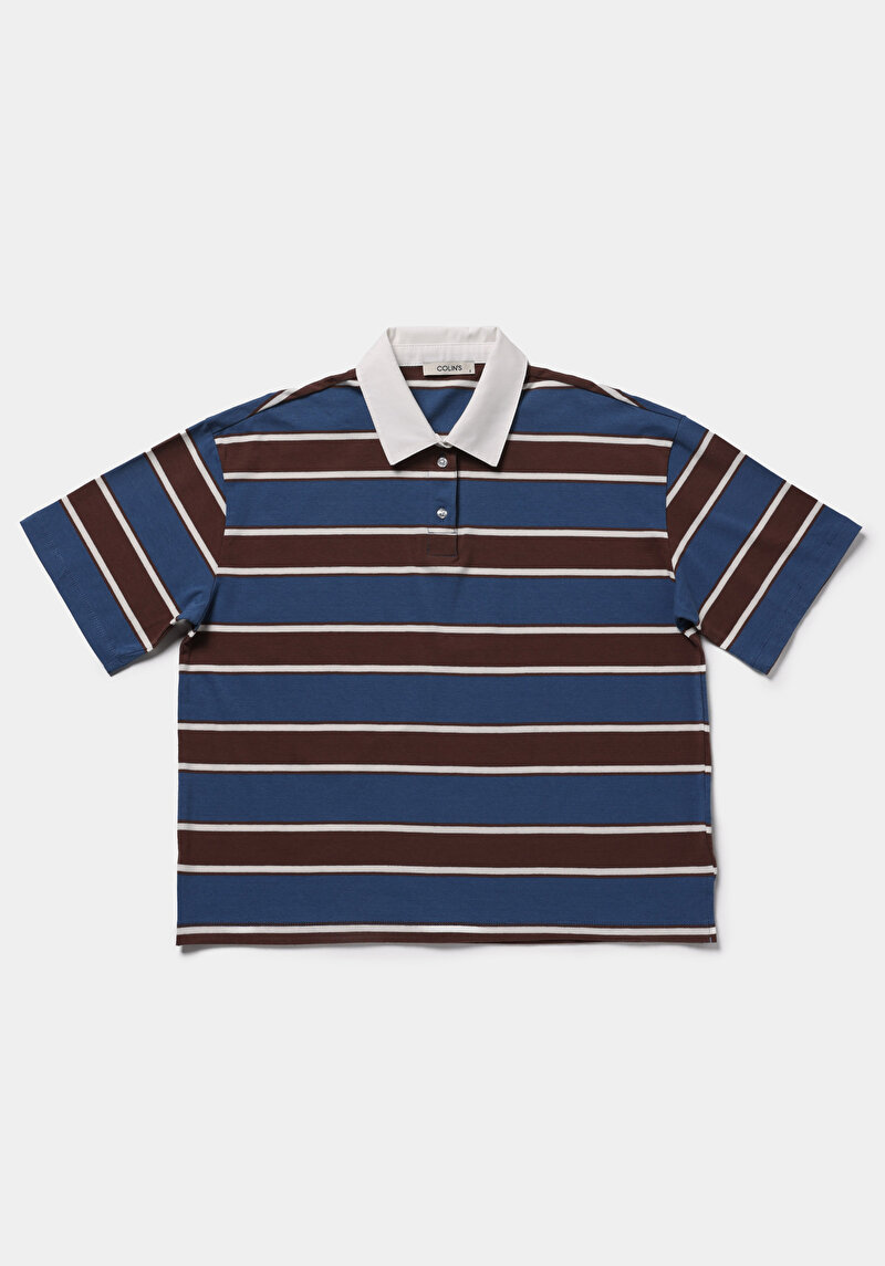 Regular Fit Polo Yaka Çizgili Kadın Lacivert Kısa Kol Tişört