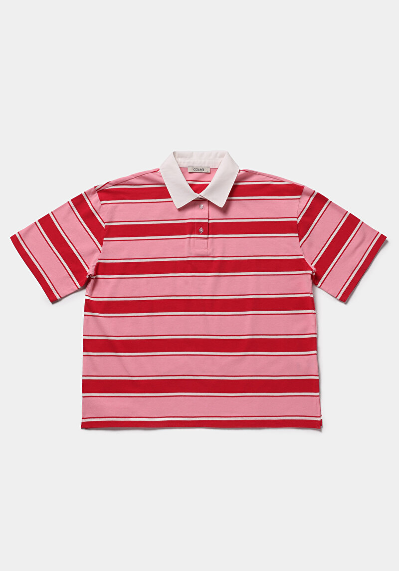 Regular Fit Polo Yaka Çizgili Kadın Kirmizi Kısa Kol Tişört