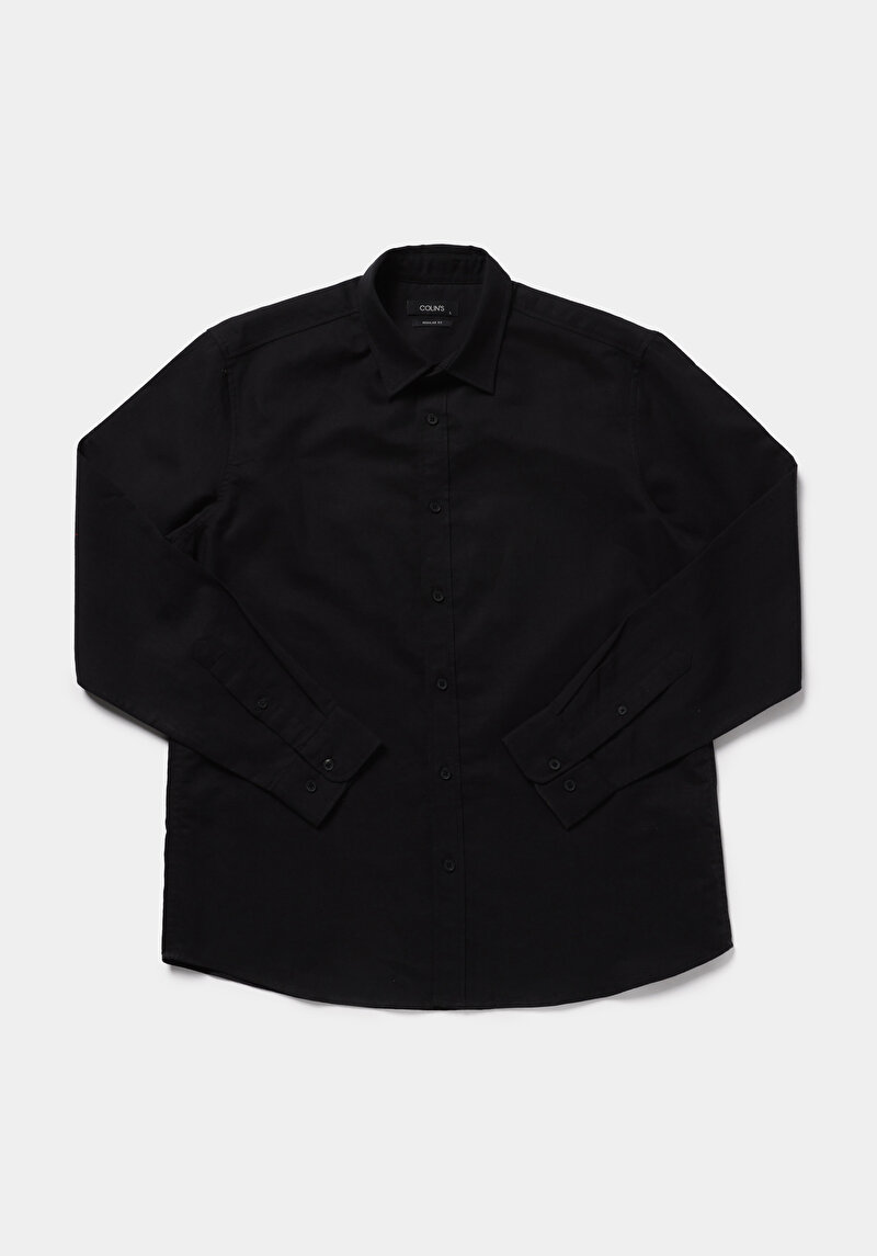 Regular Fit Shirt Neck Düz Erkek Siyah Uzun Kol Gömlek