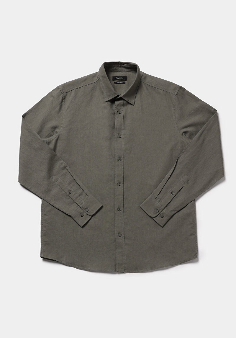 Regular Fit Shirt Neck Düz Erkek Yeşil Uzun Kol Gömlek