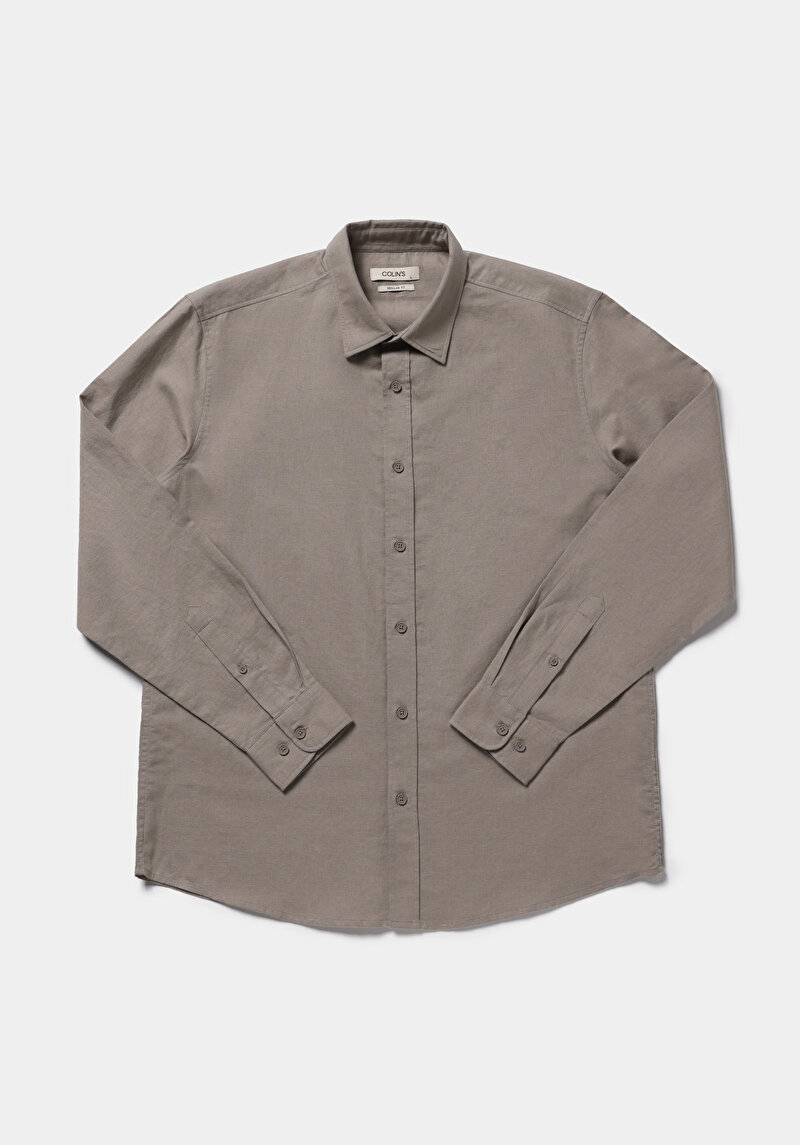 Regular Fit Shirt Neck Düz Erkek Kahverengi Uzun Kol Gömlek