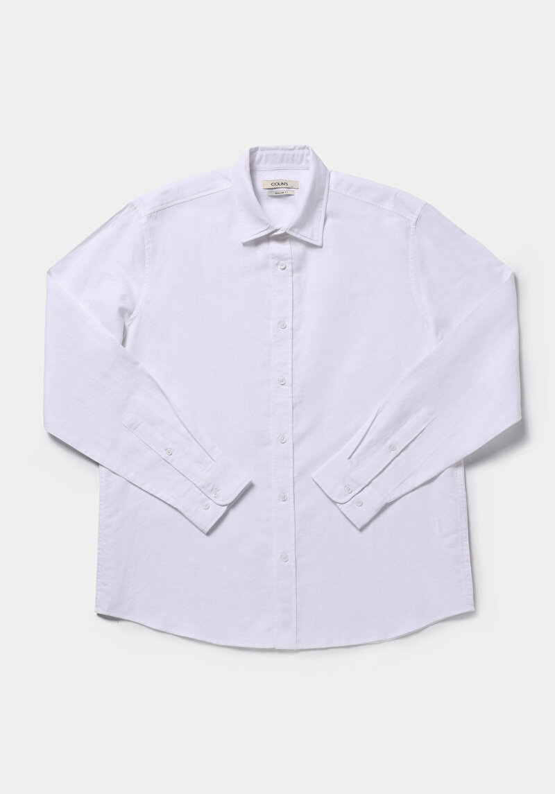 Regular Fit Shirt Neck Düz Erkek Beyaz Uzun Kol Gömlek