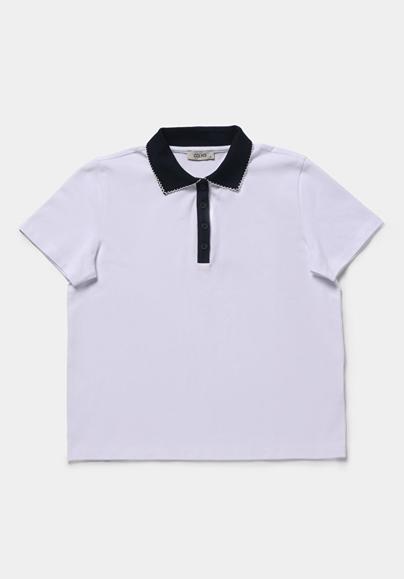 Regular Fit Polo Yaka Düz Kadın Beyaz Kısa Kol Tişört