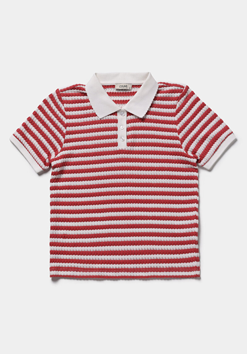 Slim Fit Polo Yaka Çizgili Kadın Kirmizi Kısa Kol Tişört