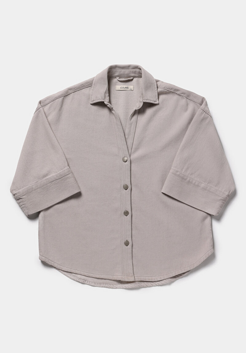 Oversize Fit Klasik Yaka Düz Kadın Colour Denim Kısa Kol Gömlek