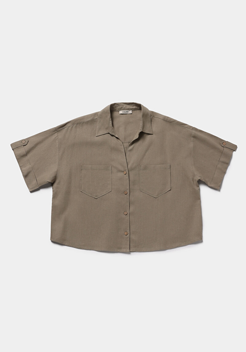 Fashion Fit Shirt Neck Düz Kadın Yeşil Kısa Kol Gömlek