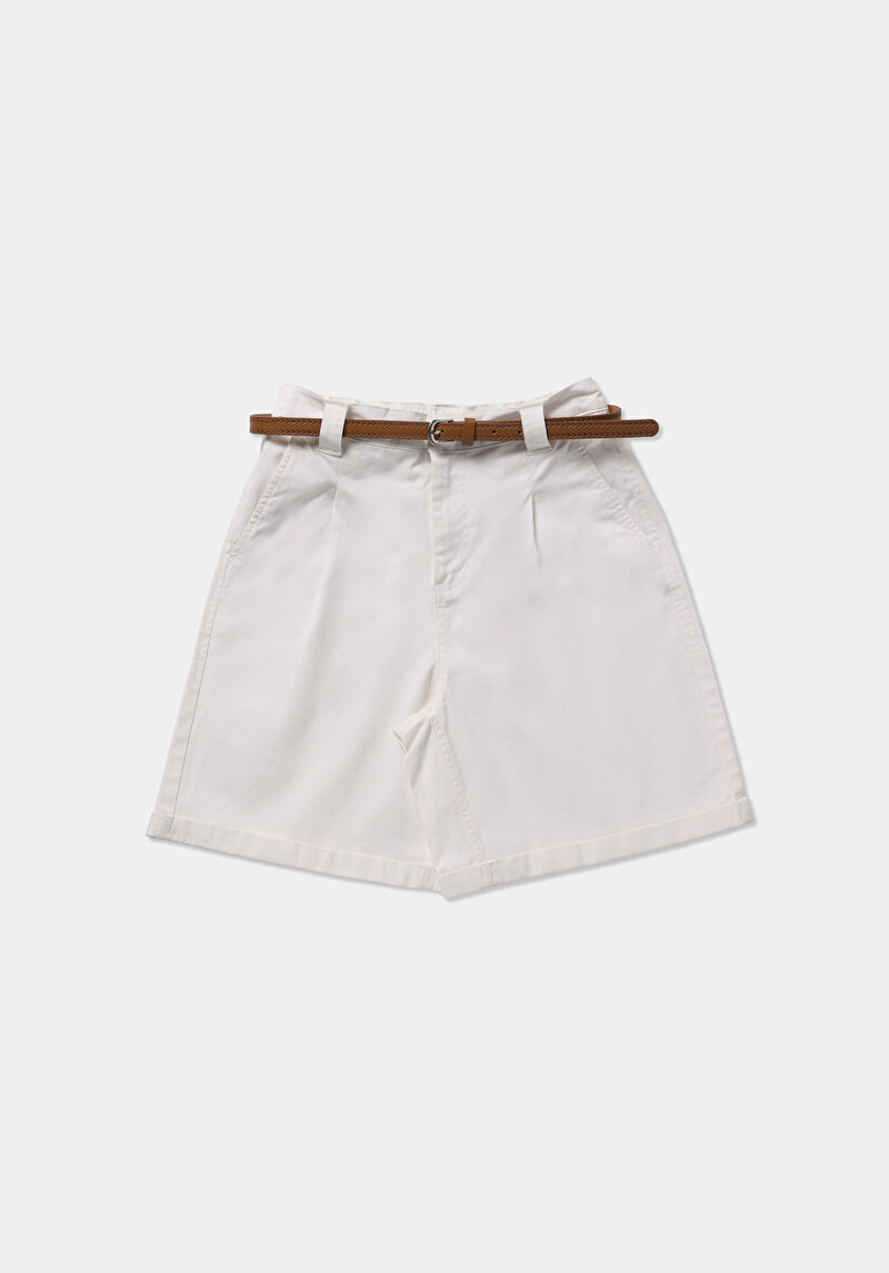 Slim Fit Yüksek Bel Düz Kadın Beyaz Şort