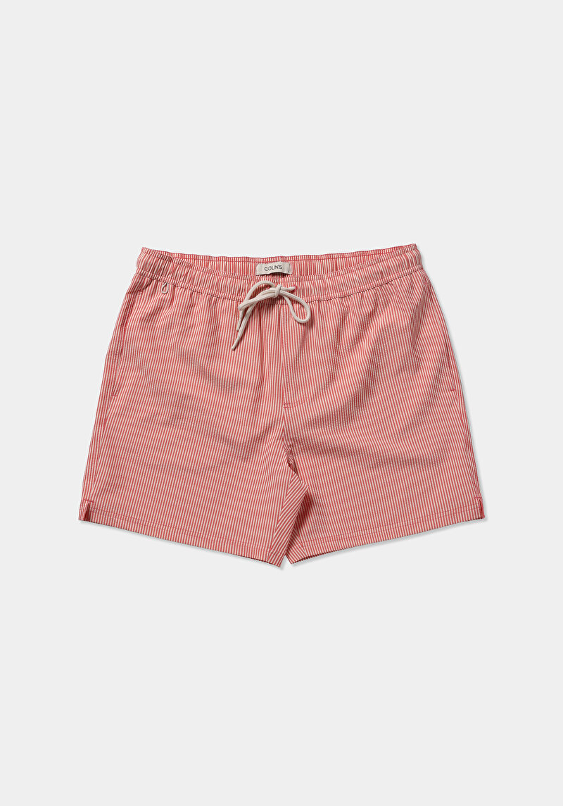Slim Fit Çizgili Erkek Kirmizi Deniz Şortu
