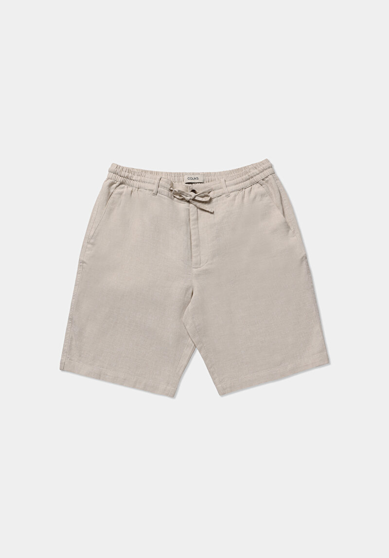 Regular Fit Orta Bel Düz Erkek Bej Şort