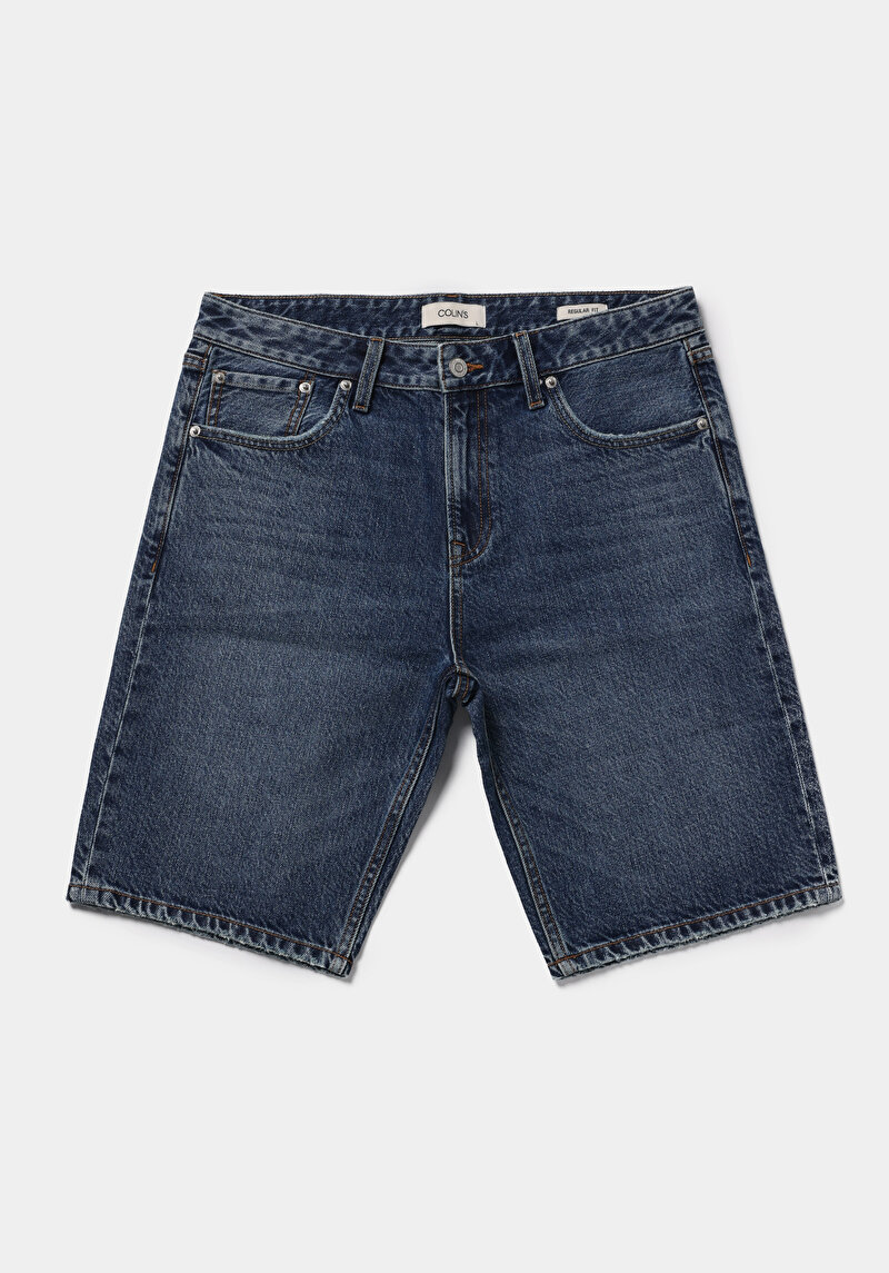 Regular Fit Orta Bel Düz Erkek Mid İndigo Denim Jean Şort