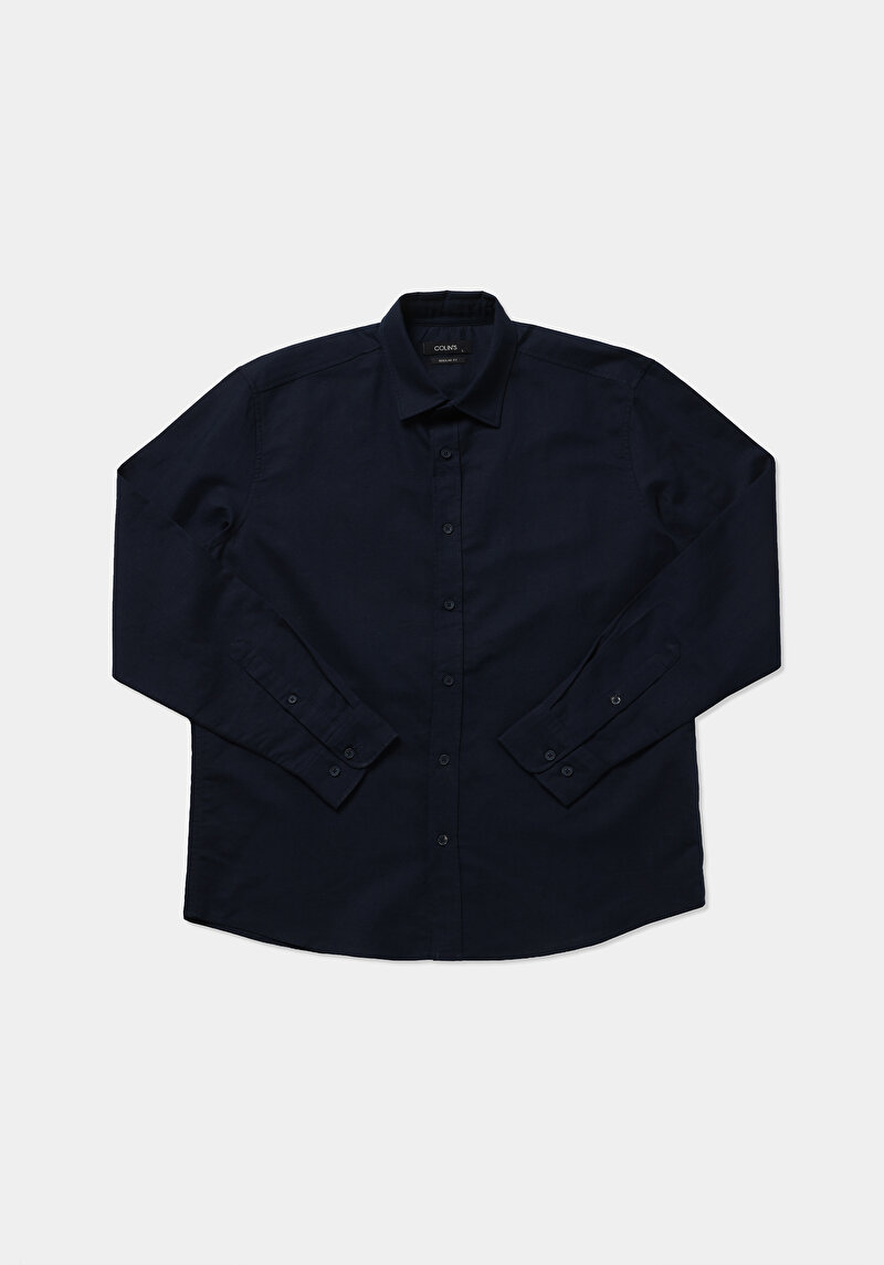 Regular Fit Shirt Neck Düz Erkek Lacivert Uzun Kol Gömlek