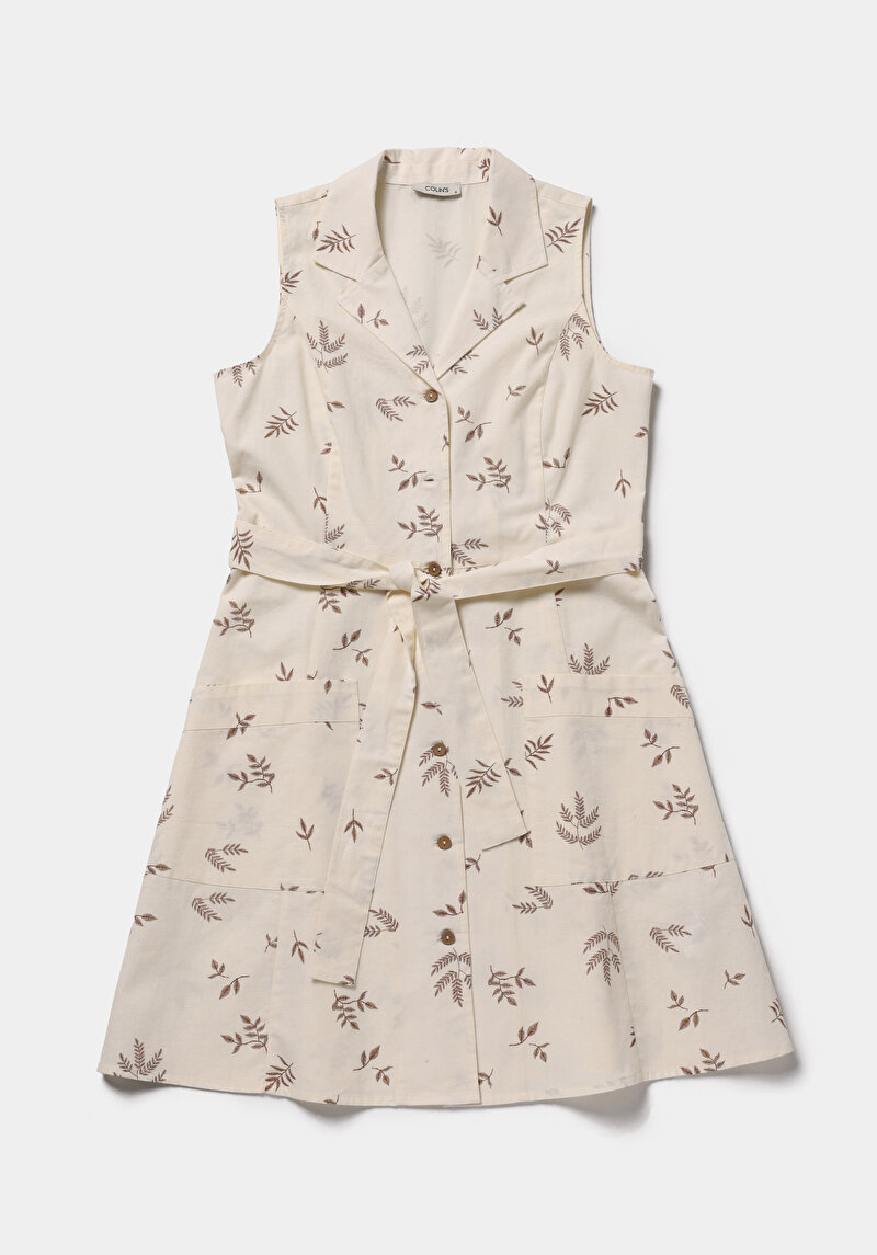 Regular Fit Metraj Baskılı Kadın Ekru Kolsuz Elbise