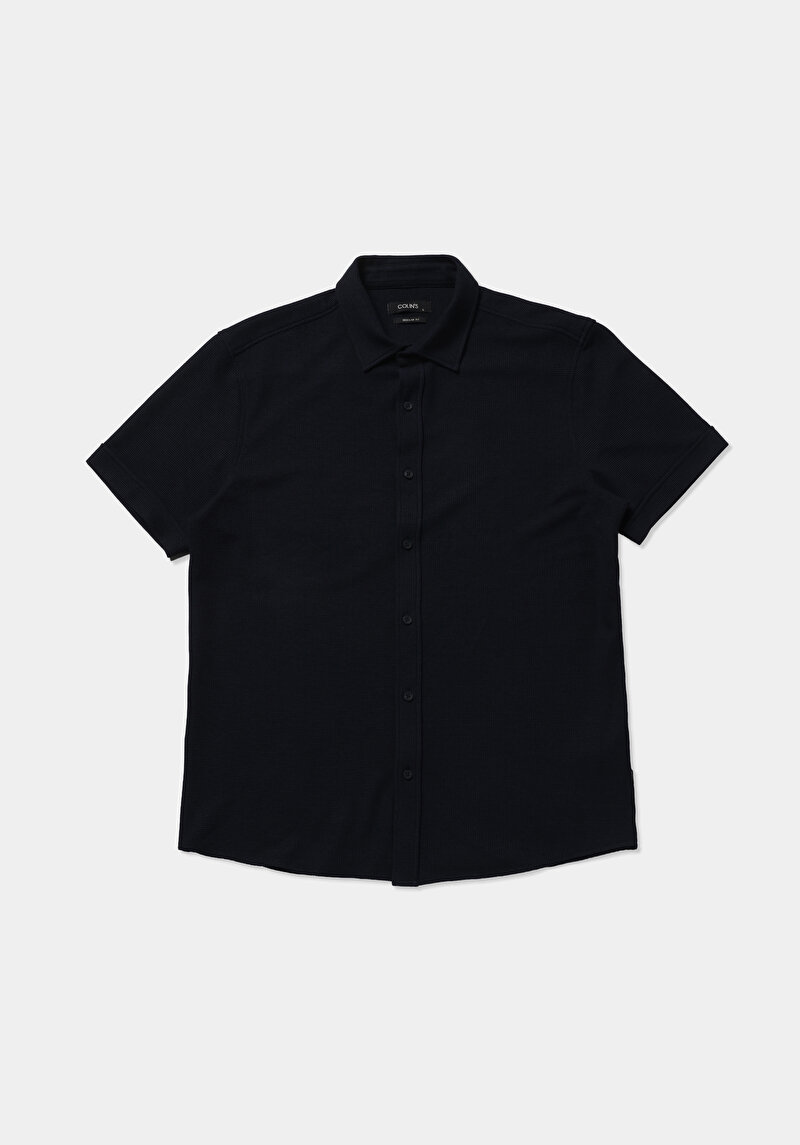 Regular Fit Shirt Neck Düz Erkek Lacivert Uzun Kol Gömlek