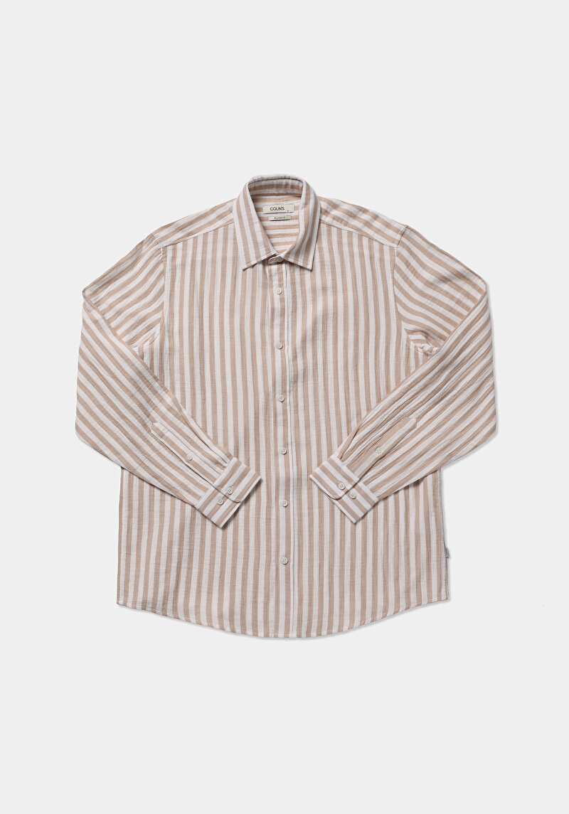 Relaxed Fit Shirt Neck Çizgili Erkek Bej Uzun Kol Gömlek