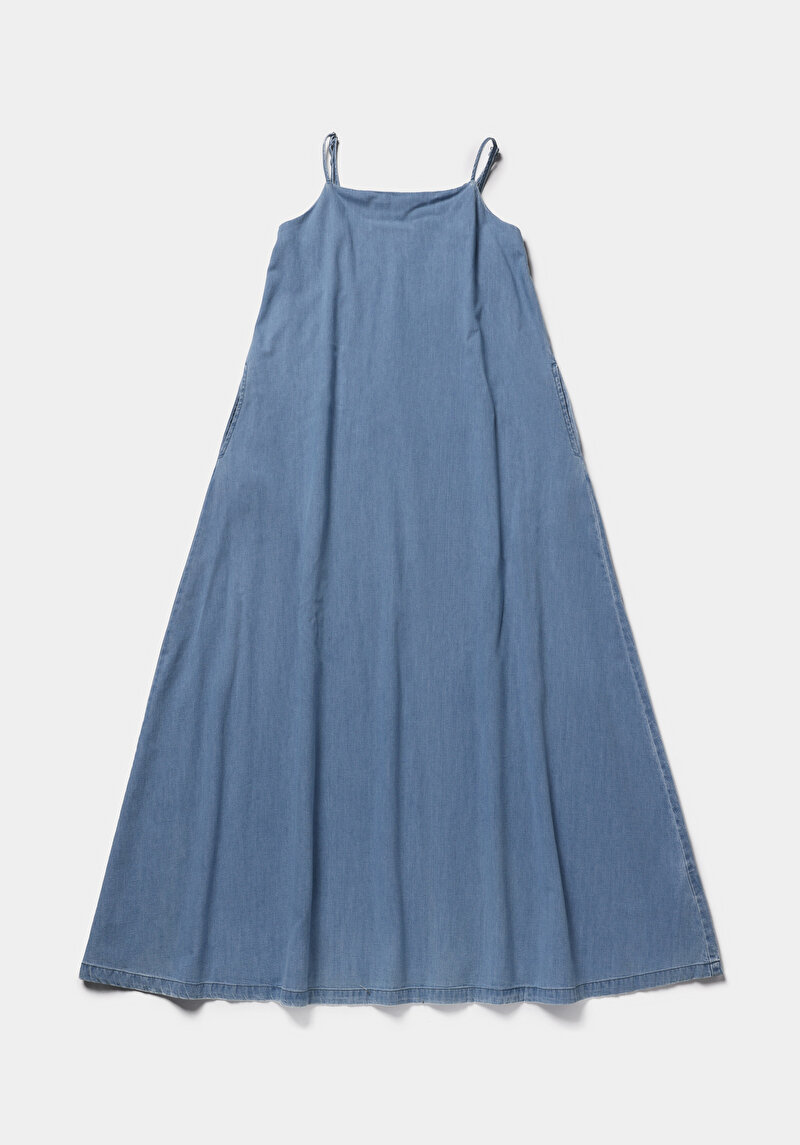 Regular Fit Düz Kadın Light İndigo Denim Askılı Elbise