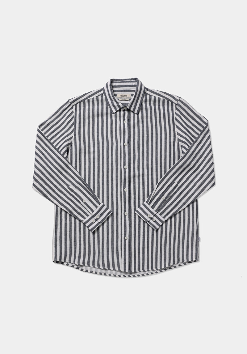 Relaxed Fit Shirt Neck Çizgili Erkek Lacivert Uzun Kol Gömlek