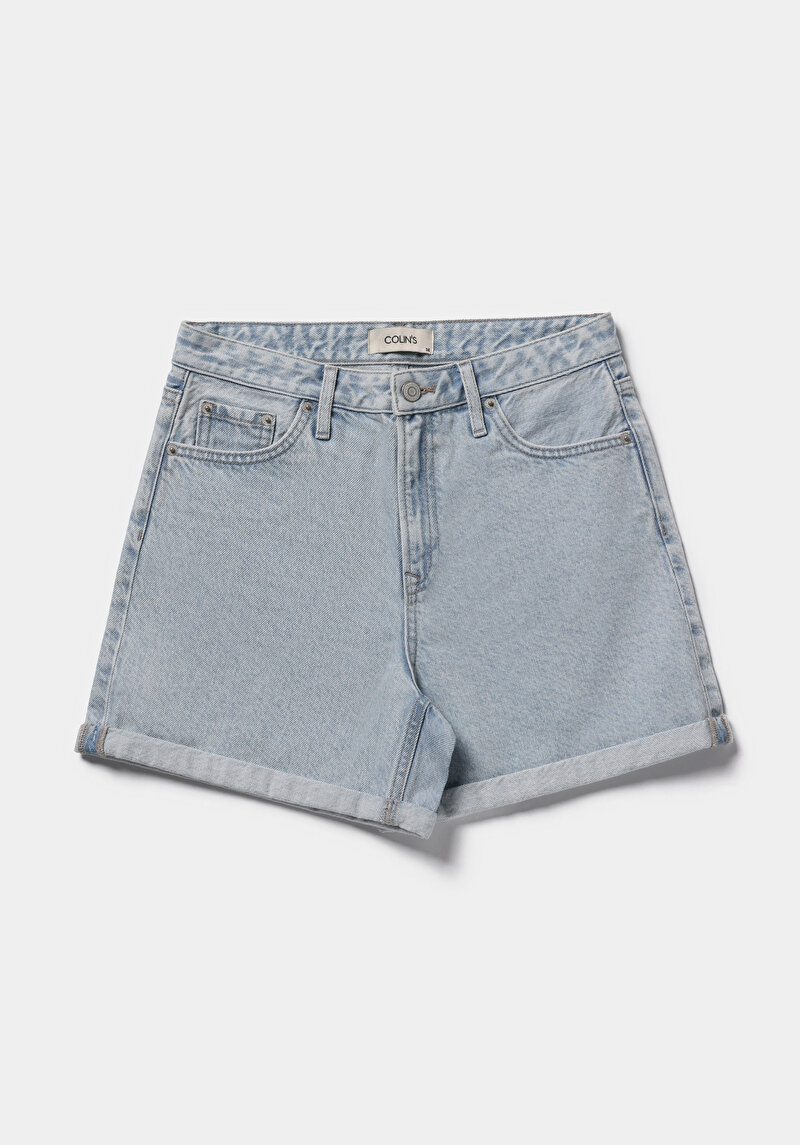Mom Fit Yüksel Bel Düz Kadın Bleach İndigo Denim Jean Şort