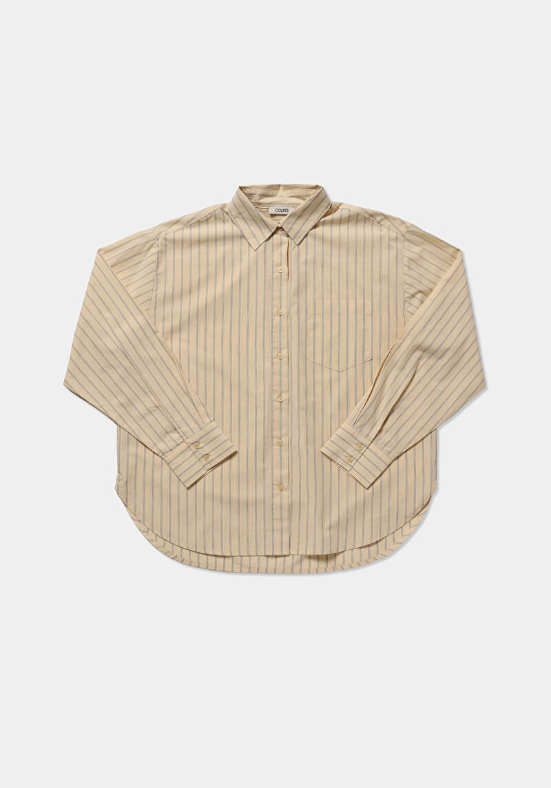 Boyfriend Fit Shirt Neck Çizgili Kadın Sari Uzun Kol Gömlek