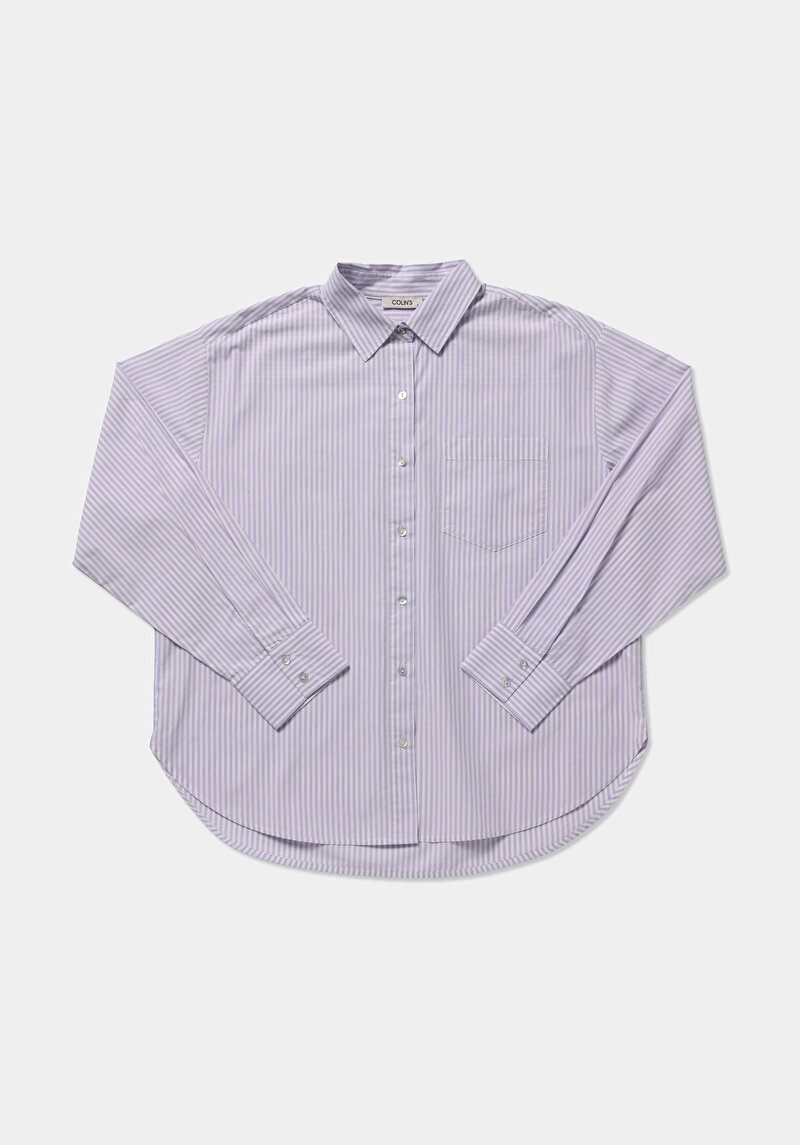 Boyfriend Fit Shirt Neck Çizgili Kadın Mor Uzun Kol Gömlek