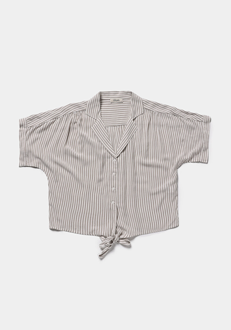 Fashion Fit Shirt Neck Çizgili Kadın Yeşil Kısa Kol Gömlek