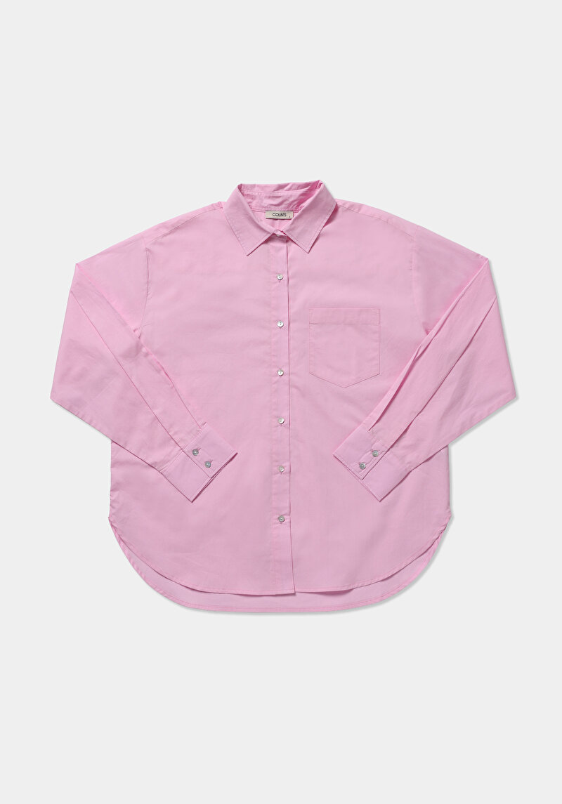Boyfriend Fit Shirt Neck Düz Kadın Pembe Uzun Kol Gömlek