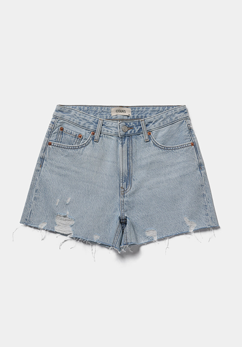 Mom Fit Orta Bel Düz Kadın Bleach İndigo Denim Jean Şort